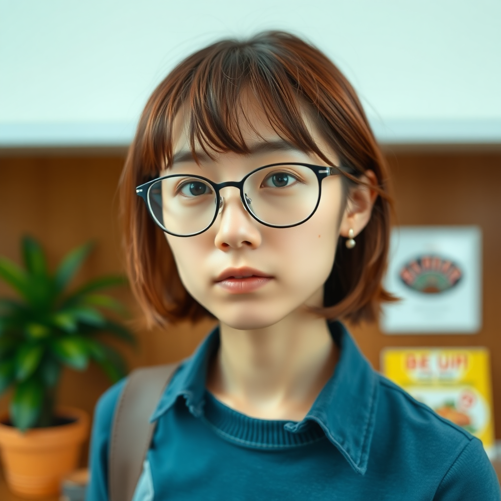 japanese nerdy skinny adult woman with big nose, moles, eyeglasses and medium hair