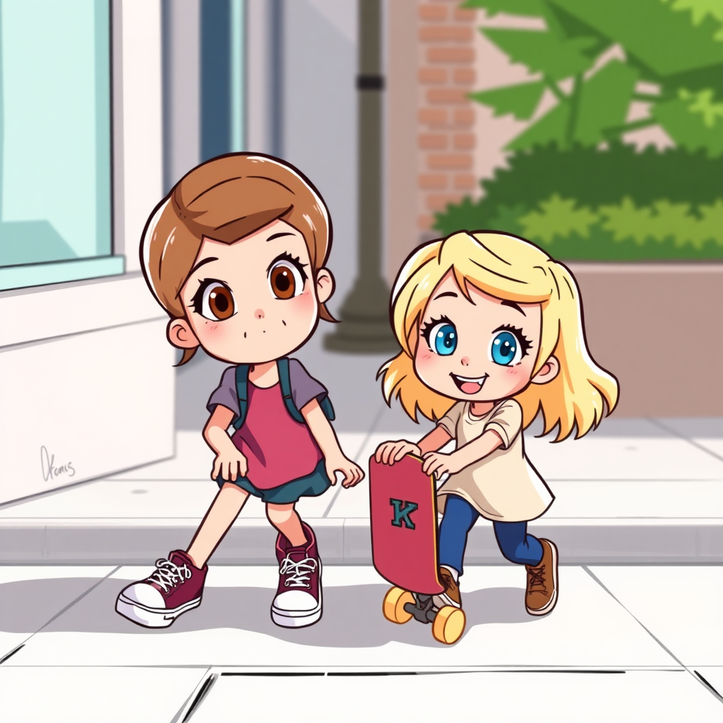 Two cartoon sisters, one a teen with light brown hair and hazel eyes and the other an elementary aged kid with blonde hair and blue eyes, playing with a skateboard on a sidewalk.