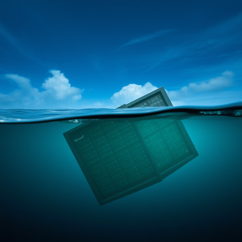 Create a realistic picture of a Microsoft XP datacenter sinking in the Mariana Trench.