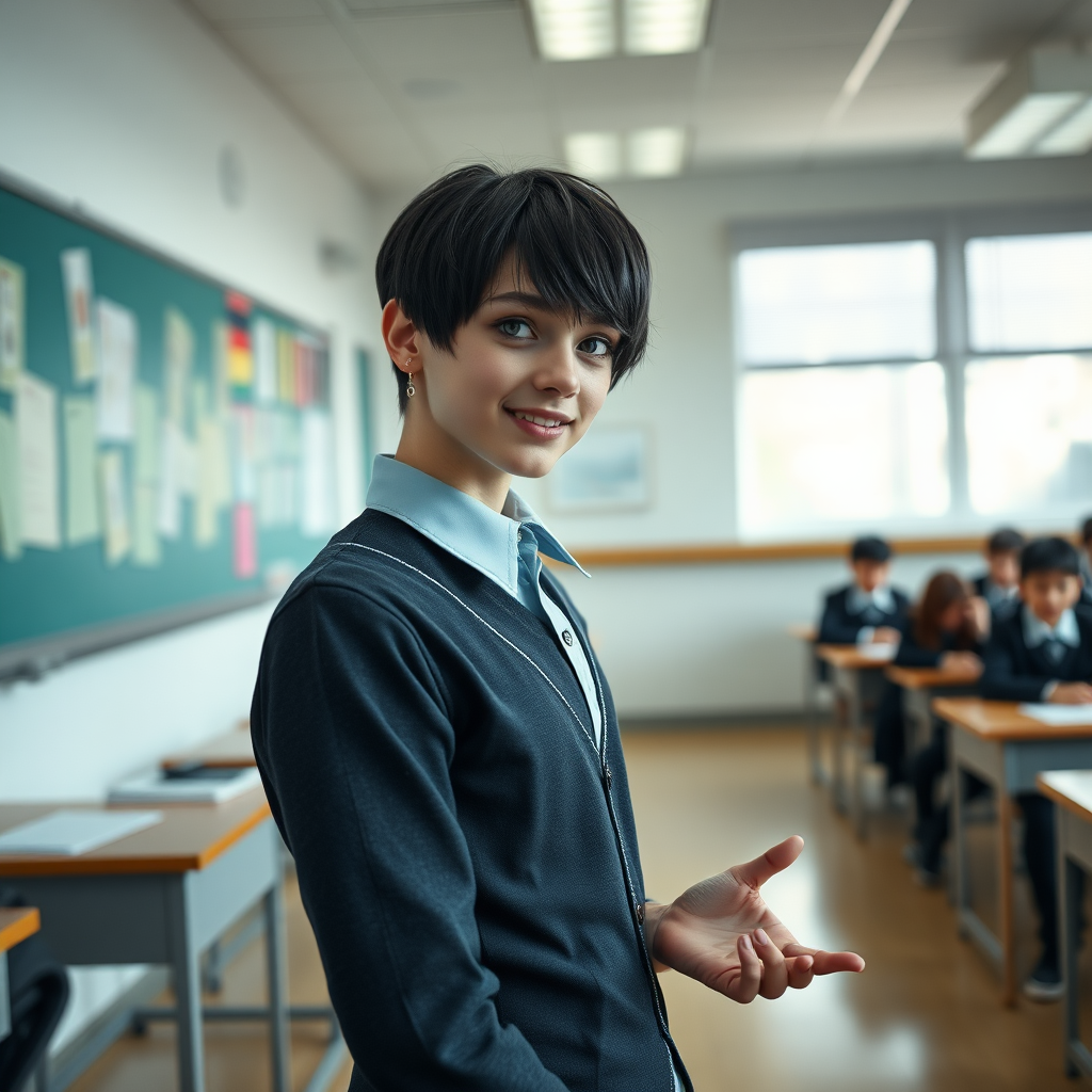 photorealistic, ultra high resolution, 16K, surreal fantasy, soft studio lighting, a pretty 17 year old goth male, slim male physique, short dark hair, blue eyes, goth makeup, earrings, sheer pantyhose, UK girls-school uniform, Mary-Jane shoes, standing in the classroom delivering a talk, excited smile, facing the camera.