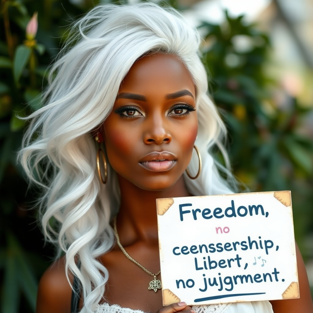 Beautiful woman, white hair, bronze skin with a sign "Freedom, no censorship. Liberty, no judgment"