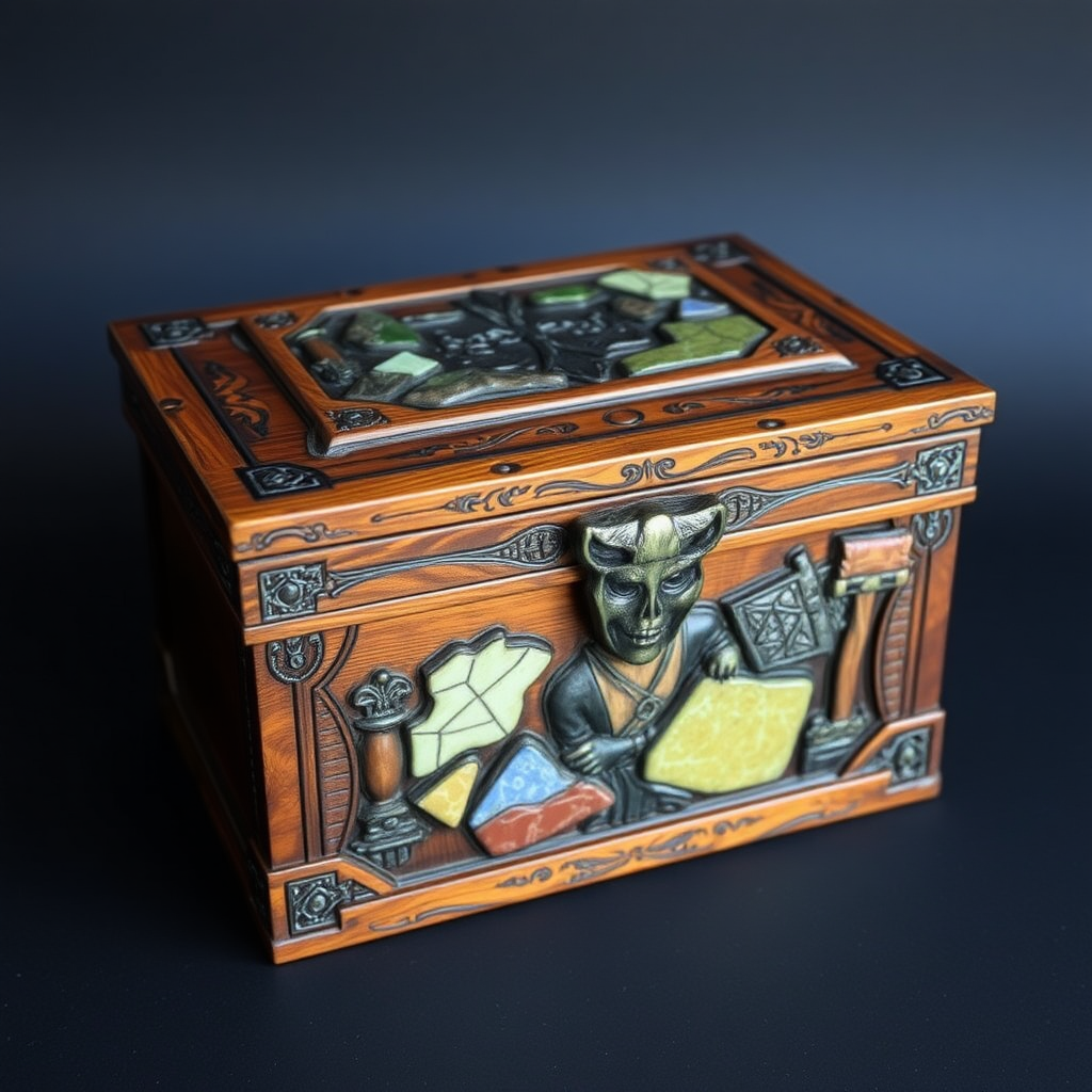 Decorative fantasy genre wooden box with stone inlay