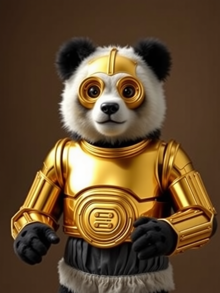 A panda bear dressed up as C3PO