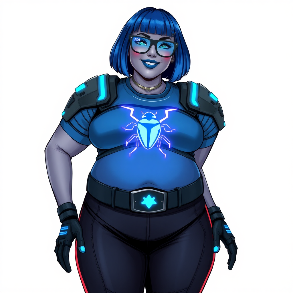 A 28-year-old, full-figured, middle gray skinned computer program hybrid with a maximum blue bob cut. She has a non-athletic build, highlighted by a prominent, round, large midsection (with heavy emphasis on her belly). As a digital sidekick, computer hacker, and nerdy girlfriend to her cyberpunk vigilante boyfriend, her middle gray metallic skin and maximum blue lipstick emphasize her digital nature. She wears a digital, computerized costume consisting of a gargantuan, tight-fitting, hi-tech, maximum blue t-shirt with a neon blue beetle glowing chest icon, hi-tech shoulder pads with neon blue accents, a black digital belt with a digital neon blue glowing beetle buckle, black biker pants with neon blue glowing accents, and black hi-tech gloves with neon blue glowing accents. Her neon blue glowing eyes, black eyeglasses with a neon blue glowing HUD built in its lenses, and lovestruck smile with neon red blush accentuate her nerdiness. She stands bashfully with her hands behind her back, her costume covering all her skin and emphasizing her full-figured physique (especially her belly). She is clearly non-athletic, with a focus on her full-figured physique. Despite her build, she radiates beauty. She is on a solid white background. She is drawn as if she was in a retro 2D cyberpunk fighting game.