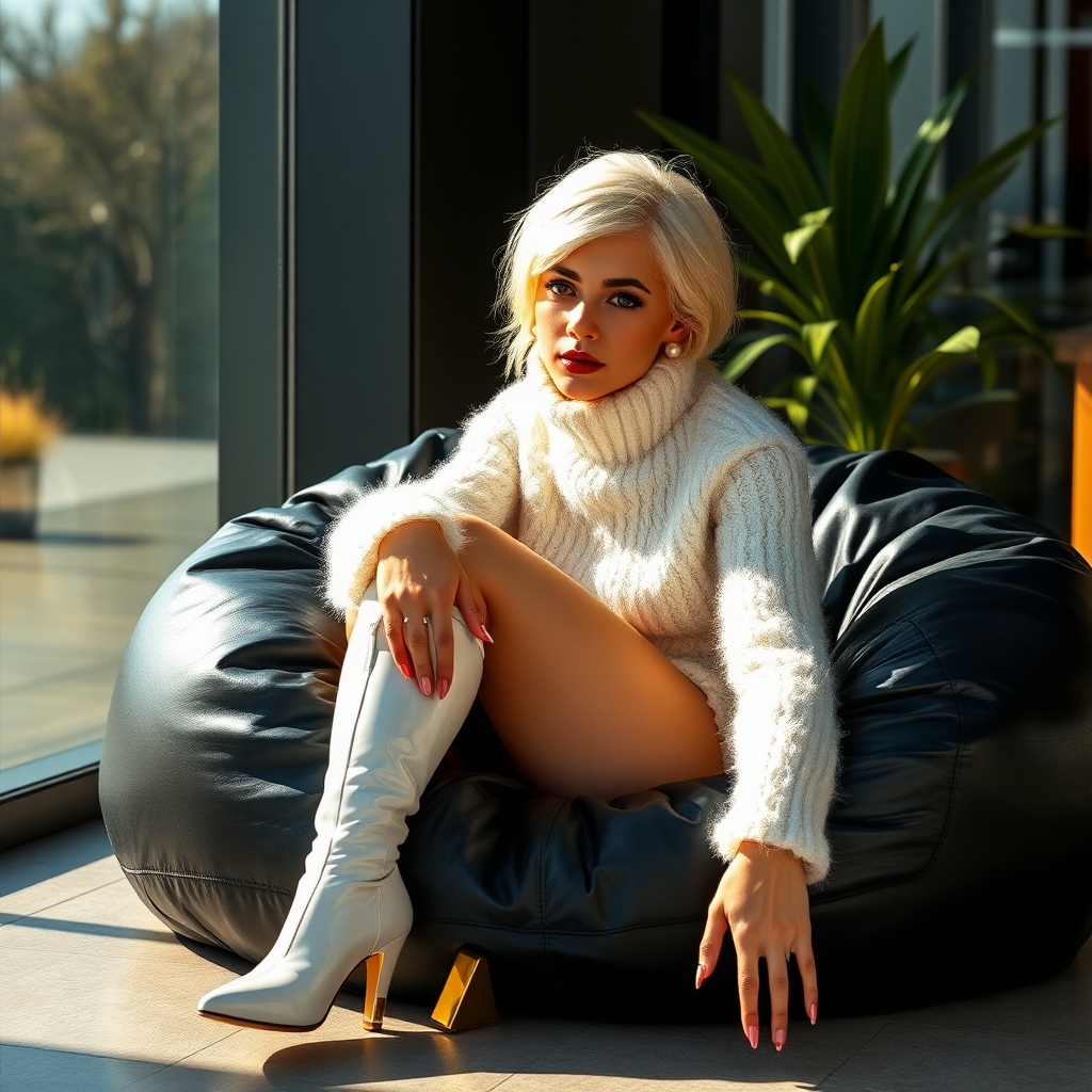 Sunny spring morning, modern glass-steel-concrete office, resting on black leather beanbag at wall, waiting for the master: Ana, European 17 years old very convincing femboy “trophy-bimbo”, tamed servile docile, very beautiful feminine flawless face, rather short boyish figure, platinum blond short tight curls, bold red lips, heavily made-up face, long French nails, wearing Supertanya-style chunky fluffy very fuzzy bright white plushy mohair figure-hugging turtleneck-knitdress with white pearl decoration, white vinyl thigh-high boots with golden heels, pearl earrings, serious, leaning forward presenting her assets, arrogantly looking at camera.