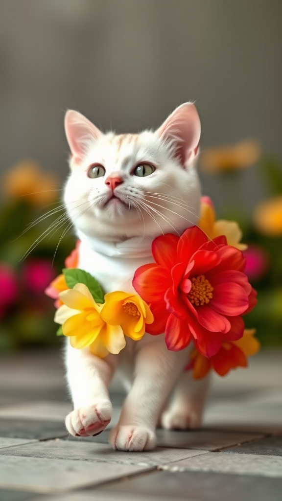 A little chubby big yes pink nose white cat walking ok two paws wearing a white real colourful flower costume doing ramp walk.