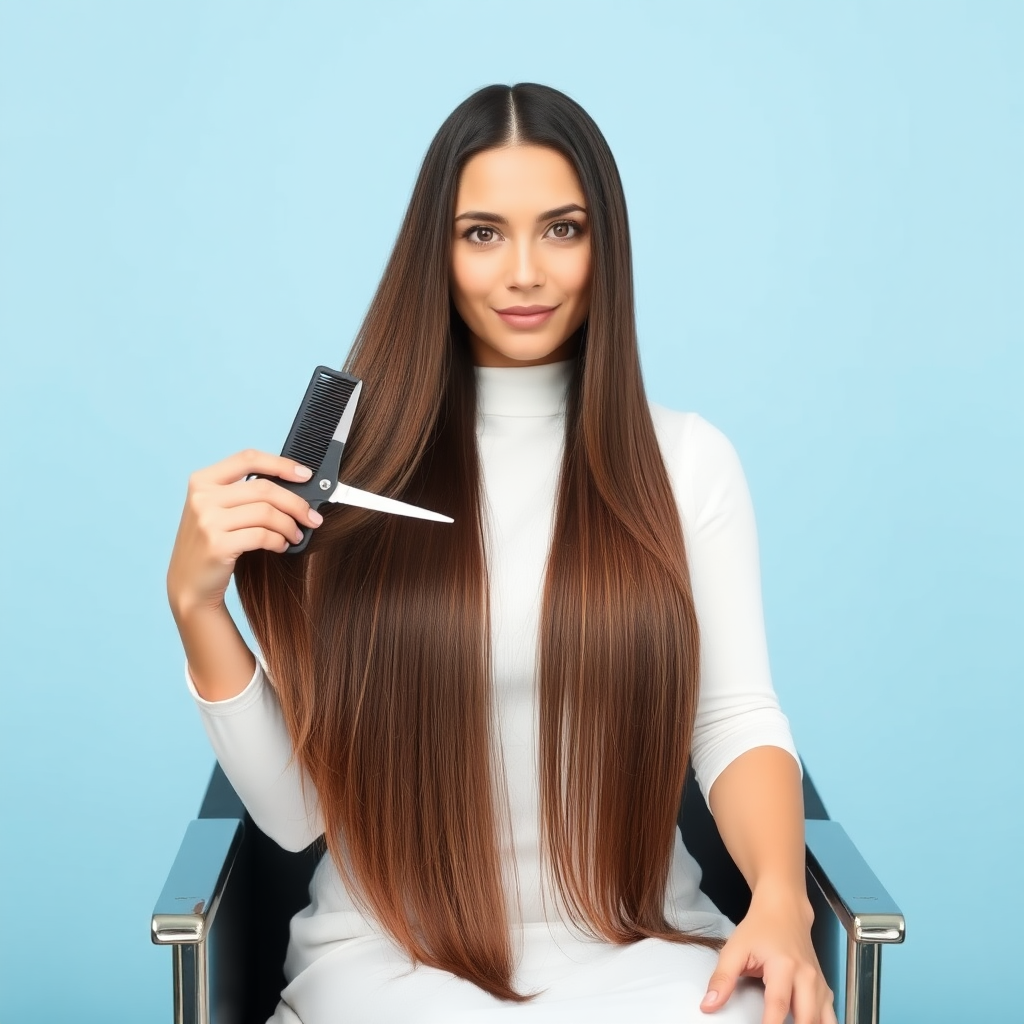 A beautiful woman sitting in a hair salon looking at the camera. Her very long hair meticulously fanned out. She is holding a comb and scissors out in an invitation to cut her hair. Plain light blue background.