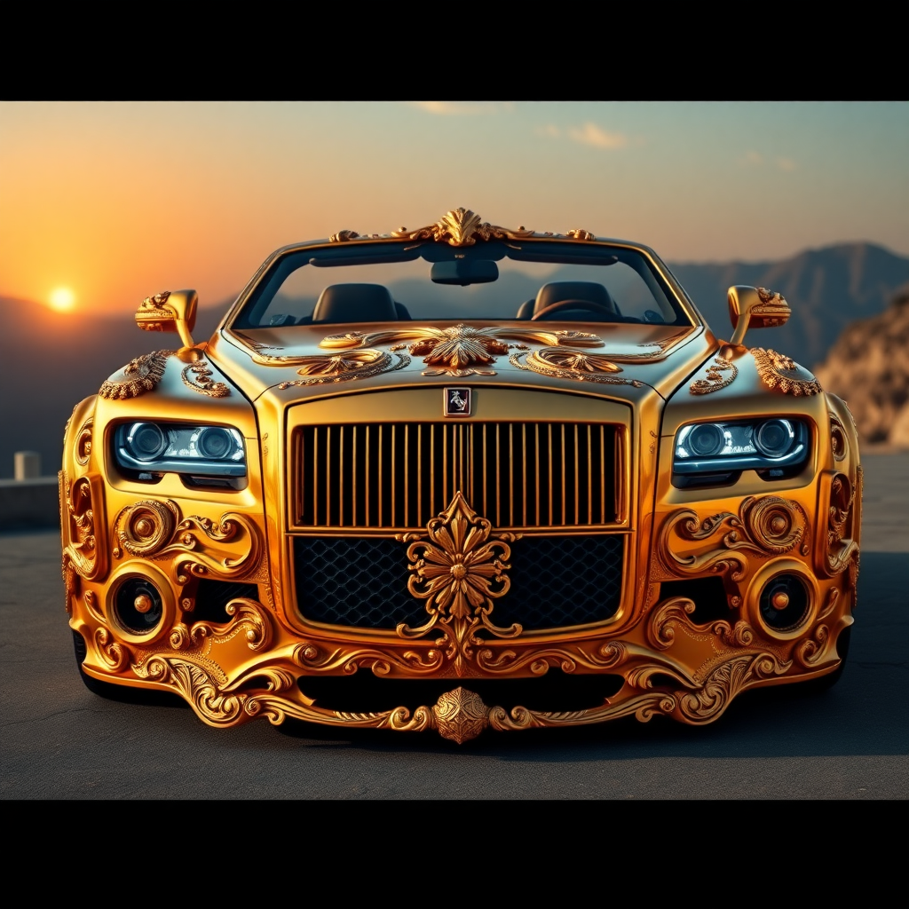 A luxurious, gold-plated car adorned with intricate, ornate designs and carvings. The vehicle features prominent headlights and a distinctive front grille, showcasing a fusion of elegance and extravagance. Set against a backdrop of mountains and a sunset, the scene conveys a sense of grandeur and sophistication.