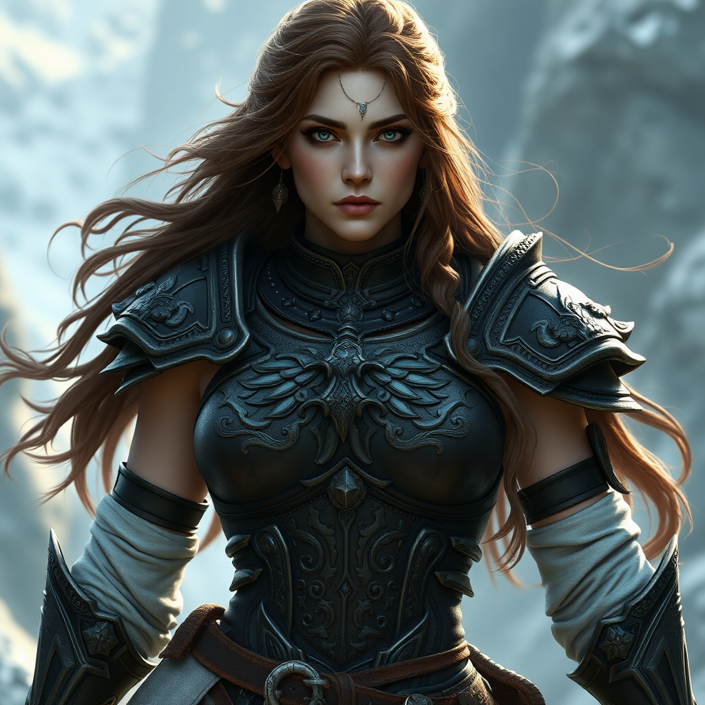 a female warrior with a magnificent chest of the Aasimar race, fantasy, 16K, photorealistic