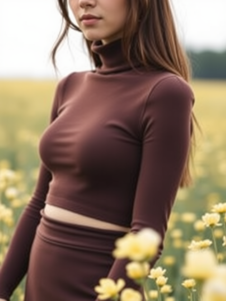 A slim girl in dark brown turtleneck crop top and dark brown body-tight skirt, yellow white petals flowers field, close-up shot, slim model face, for Instagram post.