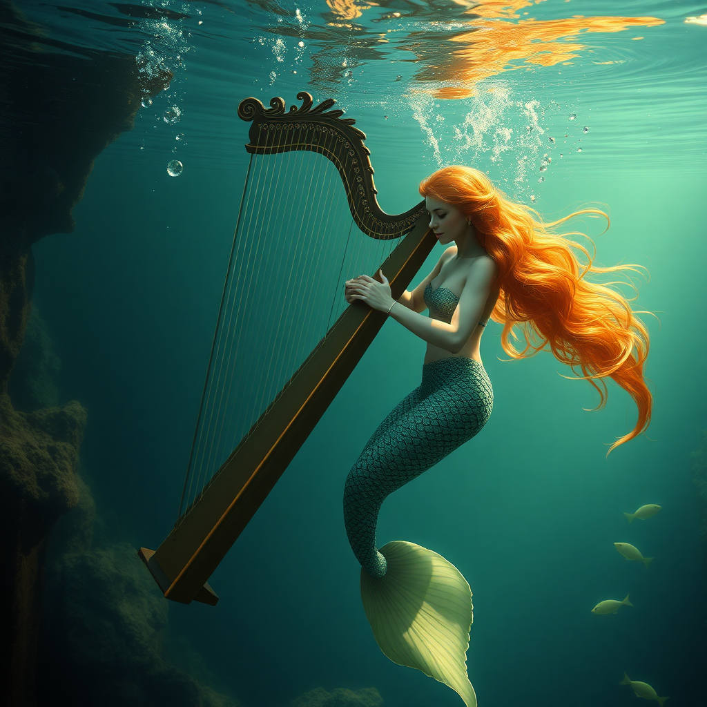 Mermaid with harp under water photorealistic