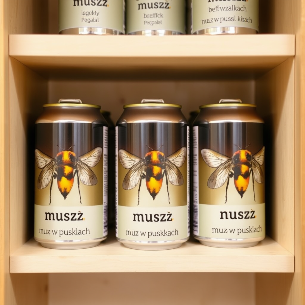 a small shelf with cans that have an image of home fly on the label and text saying "musz w puszkach"