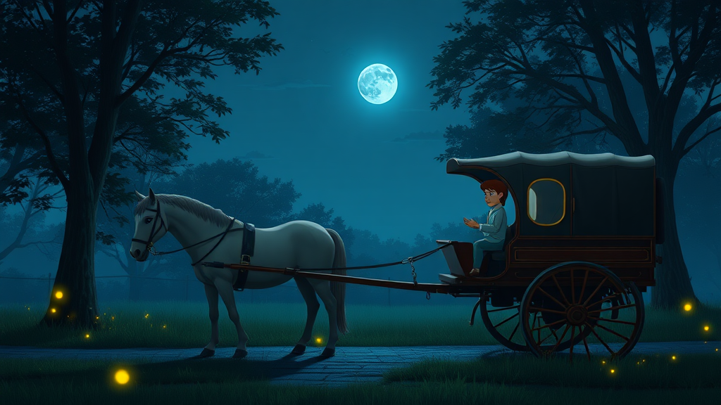 A horse and cart at night, some fireflies around animation.