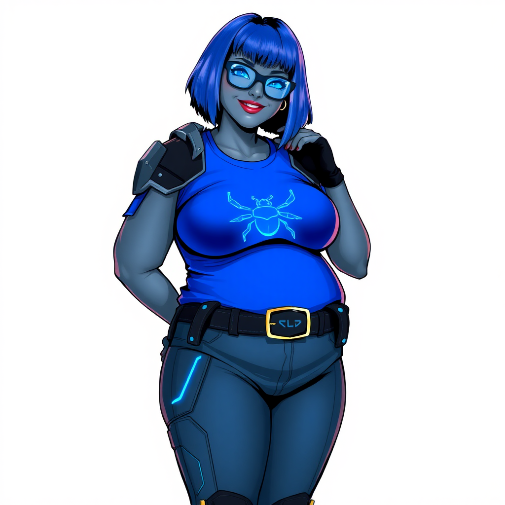 A 28-year-old, full-figured, middle gray skinned computer program hybrid with a maximum blue bob cut. She has a non-athletic build, highlighted by a prominent, round, large midsection (with emphasis on her belly), which shows the aftermath of her pampering. As the heavily pampered digital sidekick to her cyberpunk vigilante boyfriend, her middle gray metallic skin and maximum blue lipstick emphasize her digital nature. She wears a digital, computerized costume inspired by DC’s Carrie Kelly Robin, consisting of a huge, tight-fitting, maximum blue t-shirt with a neon blue glowing chest icon of a beetle, hi-tech shoulder pads with neon blue accents, a black hi-tech belt with a digital neon blue glowing buckle, digital maximum blue biker pants with neon blue accents, and black hi-tech fingerless biker gloves with neon blue glowing accents. Her neon blue glowing eyes, black eyeglasses with a neon blue glowing HUD built into the lenses, and shy smile with neon red blush accentuate her nerdiness. She stands bashfully with one hand behind her back and the other hand gently touching her cheek, her costume covering all her skin and emphasizing her full-figured physique (especially her belly). She is clearly non-athletic, with a focus on her full-figured physique. Despite her build, she radiates beauty. She has a slim face compared to her physique, accentuating her radiant beauty. She is on a solid white background. She is drawn as if she were in a retro 2D cyberpunk fighting game.