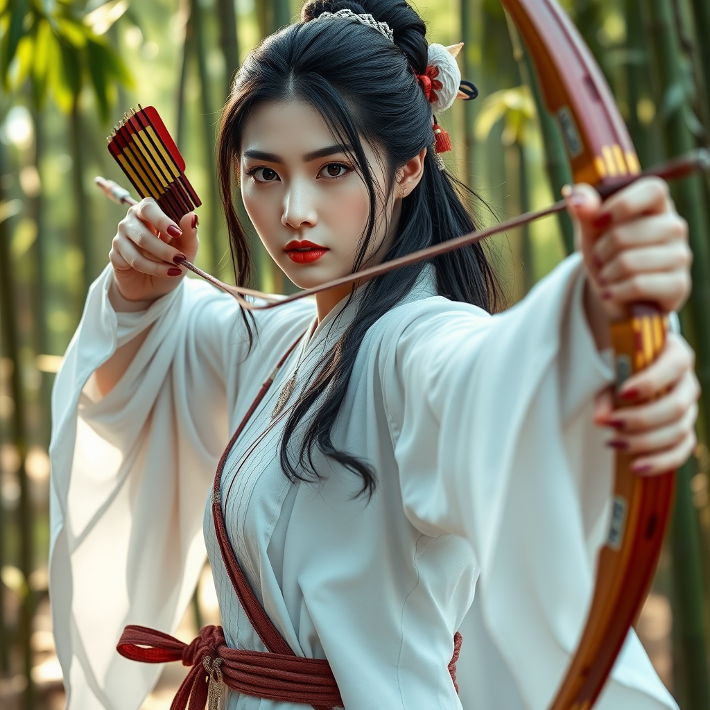 From a full-body perspective, a beautiful woman in the Tang Dynasty of China, a chivalrous woman, dressed in white, opened her bow and arrows, and was in the bamboo forest. Movie poster, game cg. Complete bows and arrows, don't be incomplete bows and arrows, don't have superfluous bow strings.