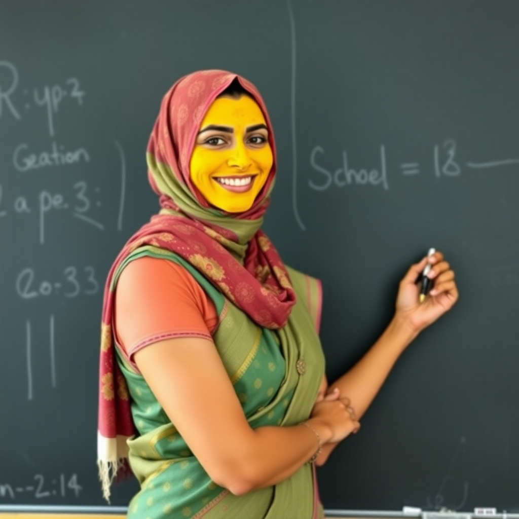 slim, 30 year old, sexy, french female school teacher, saree, scarf head, turmeric face mask. She is smiling and teaching on a blackboard