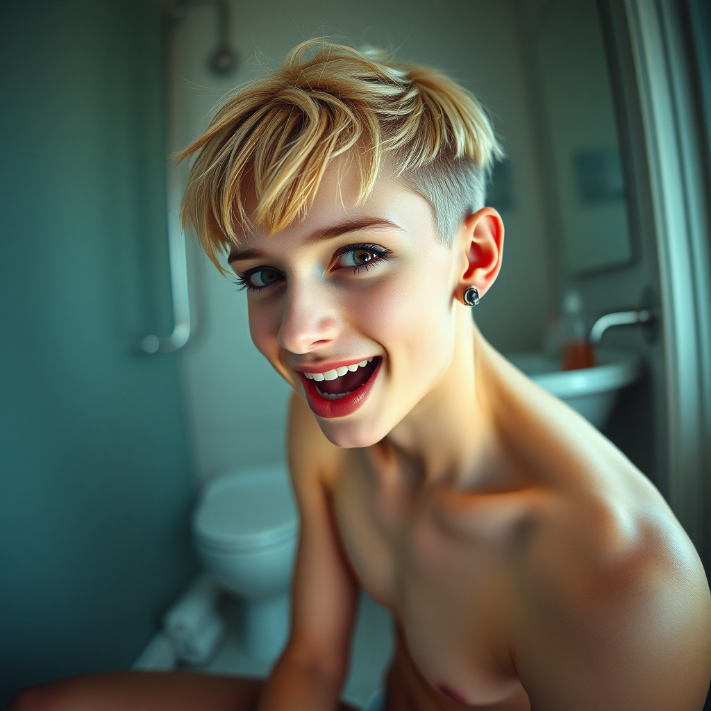 photorealistic, ultra high resolution, 16K, surreal fantasy, studio lighting, a pretty 16 year old goth boy, slim male physique, short blonde hair, goth makeup, earrings, pantyhose, white ballet shoes, in the bathroom, excited smile, facing the camera, drooling from his mouth