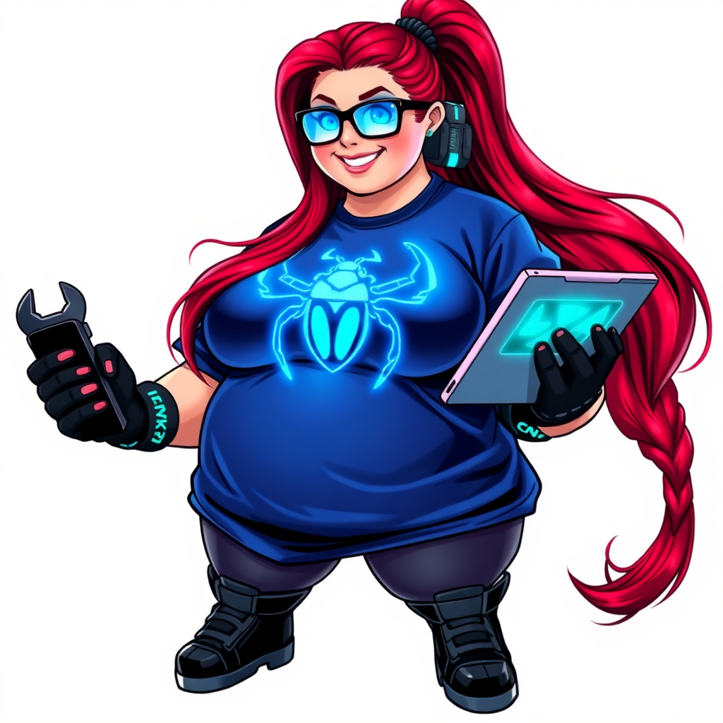 A 28-year-old, full-figured computer hacker and tech wiz, she is the girlfriend of a cyberpunk vigilante. Her long ruby red ponytail, and striking, bright blue eyes make her stand out. Her wrecking ball-sized midsection, sequoia-sized limbs, and broad shoulders define her full figure, which has been heavily pampered by her doting boyfriend. Her nerdiness is blatantly obvious, and she serves as her boyfriend’s tech expert.

As the loyal and supportive sidekick, she plays a crucial role in their missions, using her digital and technological prowess to assist and protect. She wears an oversized maximum blue t-shirt adorned with a glowing neon blue beetle chest icon, black oversized eyeglasses, and black high-tech gloves. She beams with a neon red blush, holding a futuristic wrench and a digital holographic tablet. She is on a solid white background. She is drawn as if she was in a retro 2D cyberpunk fighting game.