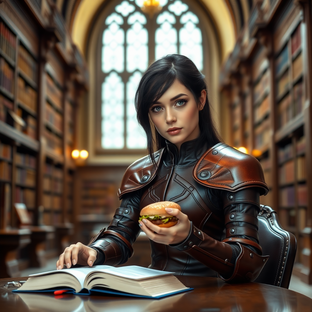 beautiful young woman, dark hair past her shoulders, blue eyes, small, slim figure, wearing full leather armor suit, sitting, sandwich on the table, reading a book, in a grand old library.