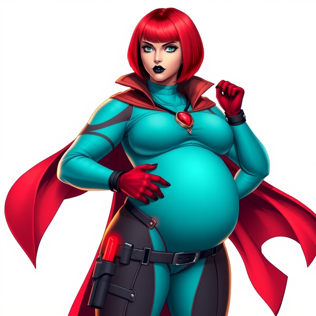 A 26-year-old, full-figured, magical girl vigilante detective becomes the heavily pampered mystical ally of her cyberpunk vigilante older brother figure. She has a bright red bob cut, black lipstick, and piercing bright blue eyes. Her new non-athletic build is now highlighted by a prominent, round, gargantuan midsection, fully focused on her gargantuan belly, reflecting her pampered lifestyle. Despite her physique, she exudes full confidence. She wears a magical girl detective costume consisting of a tight-fitting, maximum turquoise bodysuit that accentuates and emphasizes her gargantuan belly, a glowing neon red cape, a mystical ruby amulet (the source of her mystical powers), and magical red gloves glowing neon red. Her costume covers all her skin and accentuates her full-figured physique, especially her gargantuan belly. She stands firm and resolute, arms crossed, exuding a no-nonsense attitude. Her costume reflects the influence of DC New 52 Prime Earth’s Phantom Lady, Jennifer Knight, while her pose embodies the moral ambiguity and determination reminiscent of DC’s Pax Americana’s The Question. She is depicted on a solid white background. She is drawn as if she were in a retro 2D cyberpunk fighting game. Her non-athletic build is clearly emphasized, with a focus on her full-figured physique, especially her gargantuan belly. Ensure her costume covers all her bare skin, particularly her gargantuan belly.