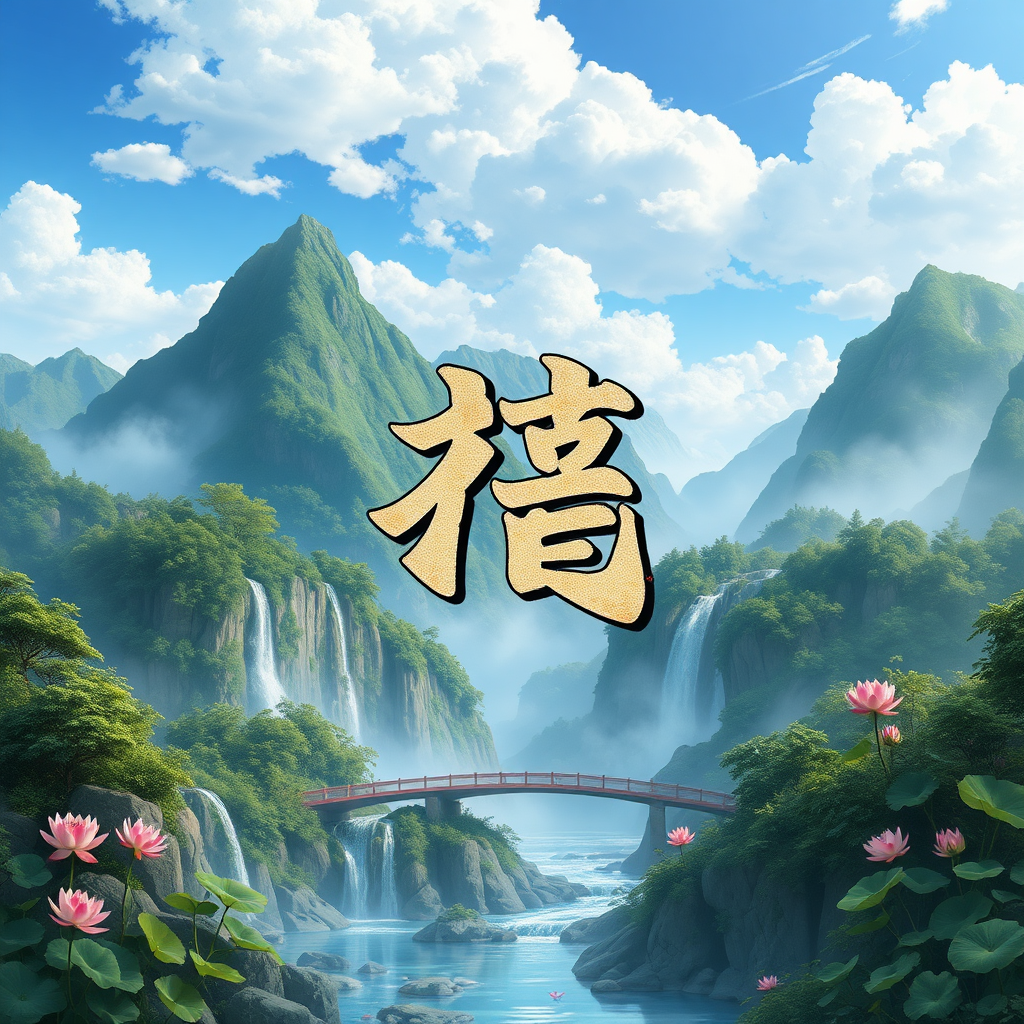 Masterpiece, highest resolution, highest quality, HD clarity, high mountains, green forests, waterfalls, flowing water, small bridges, lotus flowers, lotus leaves, blue sky with white clouds, cartoon landscape style, incorporating the characters "祝策" in a textured graffiti way into the picture, generating this artistic signature.