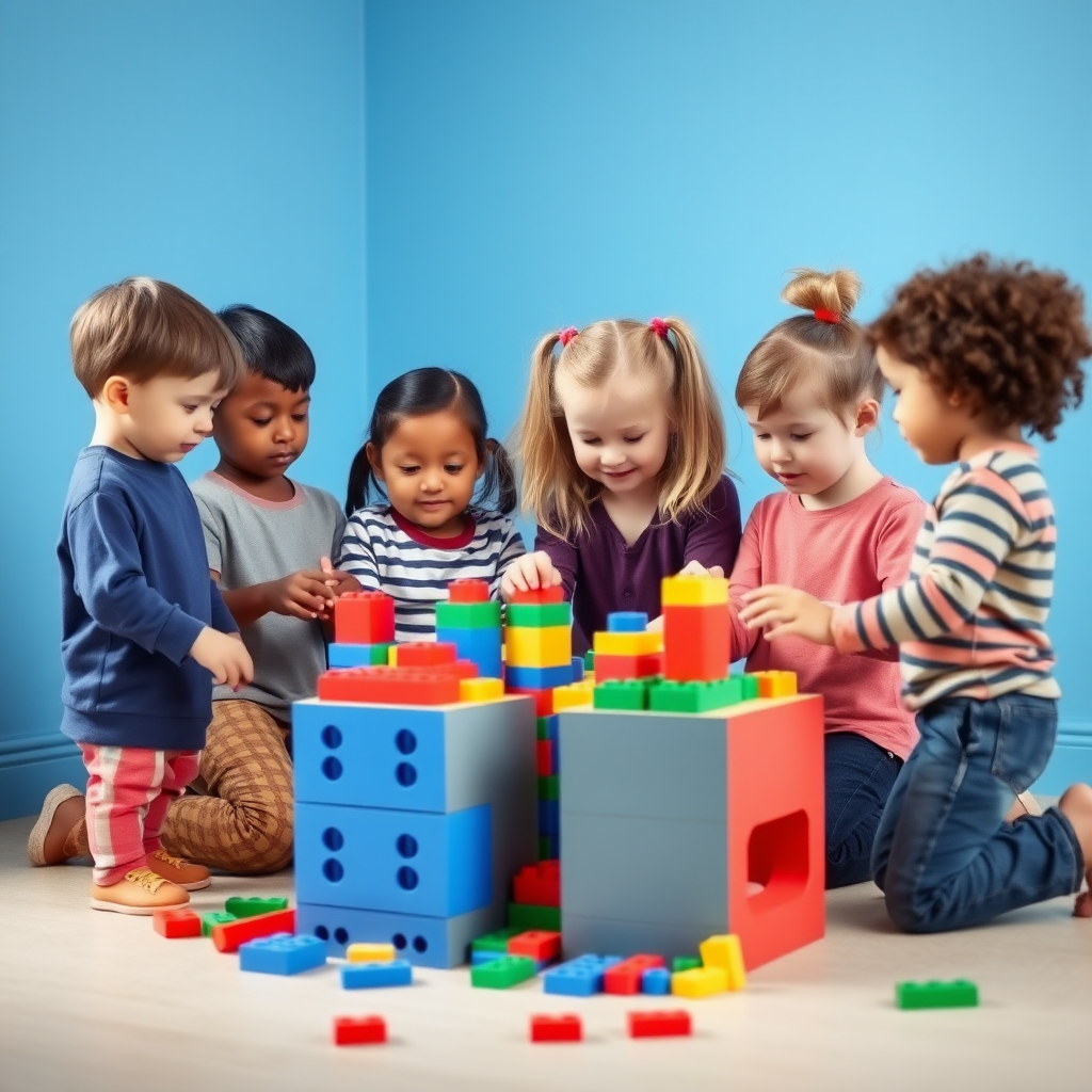 A group of 5 different children who are short in height, long in height, fat, have black or fair skin playing toy building blocks. The age of the children should be 10 years old, and the room in which they are playing should have blue color walls.