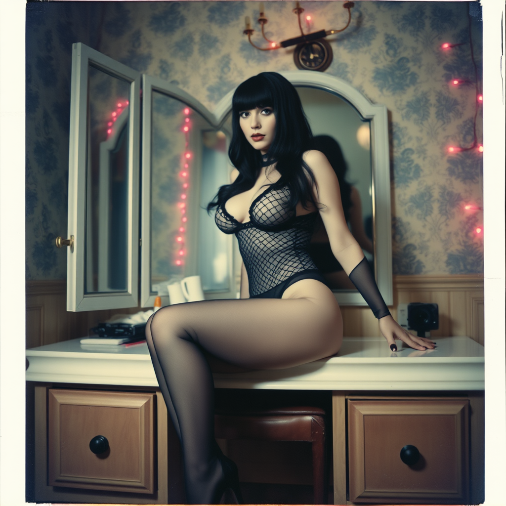 Scan of an nsfw old polaroid photograph with visible wear and heavy vignetting and blue color tint and light leaks, depicting a sexy pale curvy alt goth girl with black hair wearing skimpy fishnet black bodysuit and gstring revealing her nipples and wearing black stockings and high heels, sitting on a builtin vanity with mirror in old house with wallpaper on walls with her knees spread apart. Camera flash used. Dark lighting. Moody and hazy. Grunge look. Erotic. Nude. Pink Christmas Lights on wall.