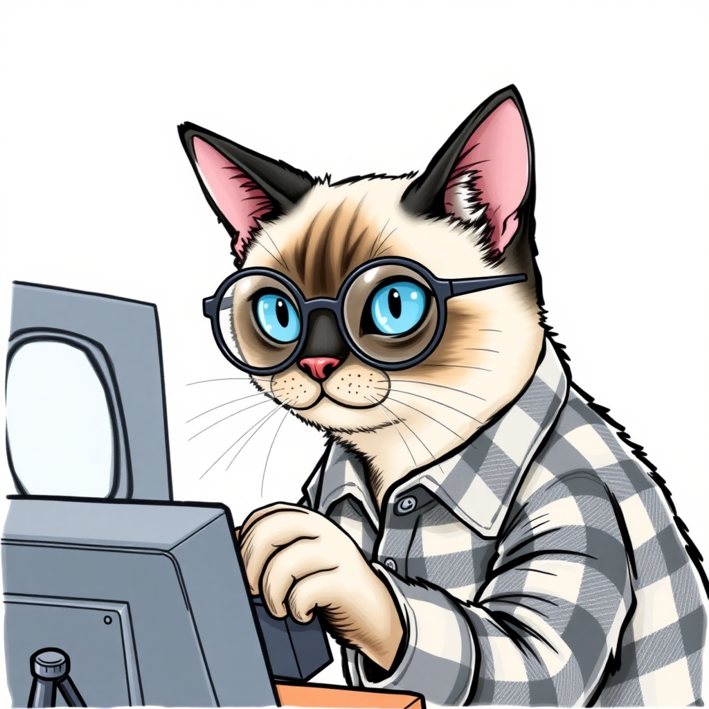 A Siamese cat playing a video game with semi-round glasses and a checkered flannel shirt in a drawing style.