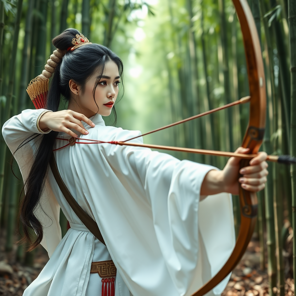 From a full-body perspective, a beautiful woman in the Tang Dynasty of China, a chivalrous man, dressed in white, pulled open her bow and arrow, and was in the bamboo forest. Movie poster, game cg.