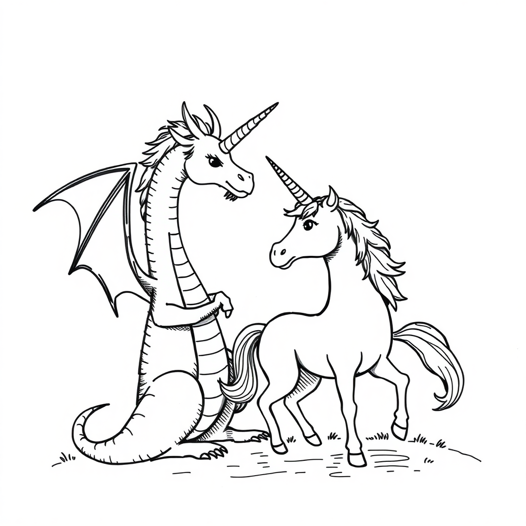 Draw a unicorn talking to a dragon