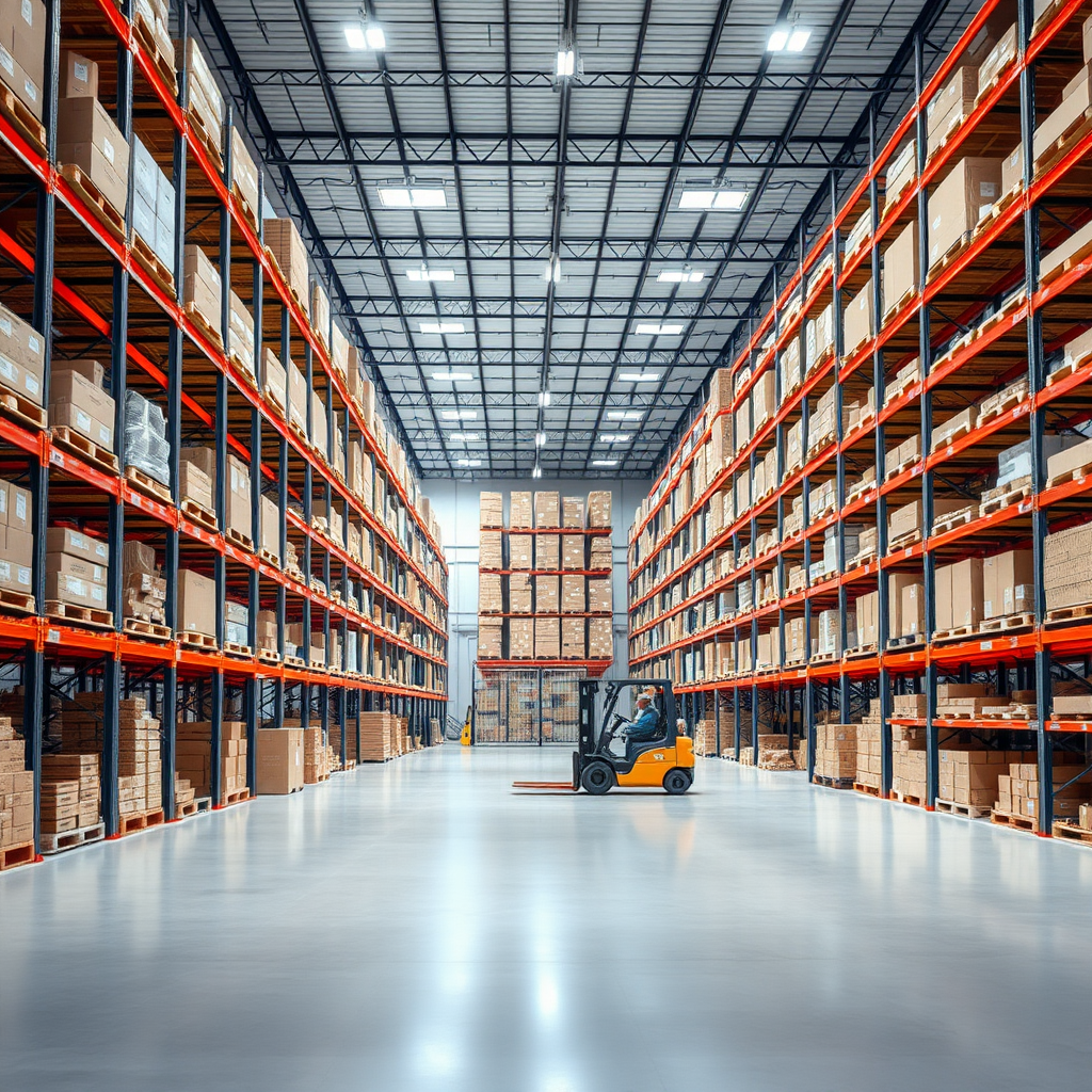 Create a high-resolution stock photo of a modern warehouse interior. The scene should include tall shelves filled with various boxes and products, a spacious layout with clear pathways, and bright overhead lighting. Include a forklift and a gate. The overall atmosphere should convey efficiency and organization, with a clean and professional look. No text, no humans.