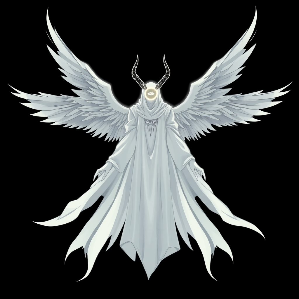 (Anime-styled art) Black background, figure of Yaldabaoth, the Demiurge, emerges in stark contrast. Towering and ghost-like, his form is tall and ethereal, a spectral white silhouette that seems to glow with an unsettling luminescence. His face is hidden beneath a strange and eerie circular light, radiant and blinding, with a single eye symbol hauntingly suspended within the glow. His head is crowned by four jagged, imposing horns, adding to his menacing yet angelic presence. Draped in flowing robes of white and black, Yaldabaoth's appearance straddles the line between celestial and terrifying. Four majestic angel wings unfurl from his back, their divine beauty twisted by the sinister aura that surrounds him. Floating effortlessly in mid-air, his entire form is visible—a full-body view as his arms extend outward, as if preparing to unleash a powerful, otherworldly force. His presence commands awe and fear, a terrifying blend of celestial grace and eerie malevolence.