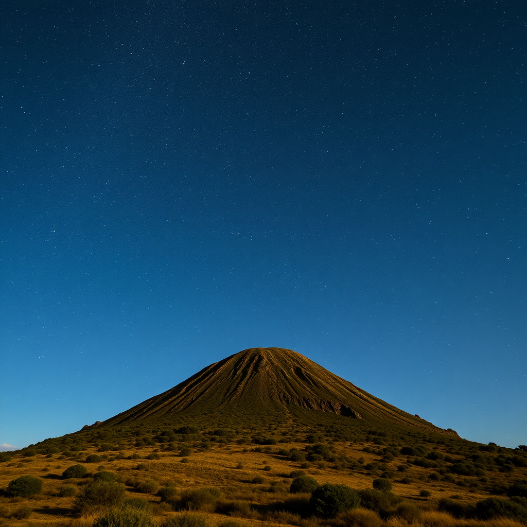 Hilly area of Marmilla, very high and large conical hill with vegetation, with a semi-dark sky filled with many stars, both large and small, and with the Milky Way.