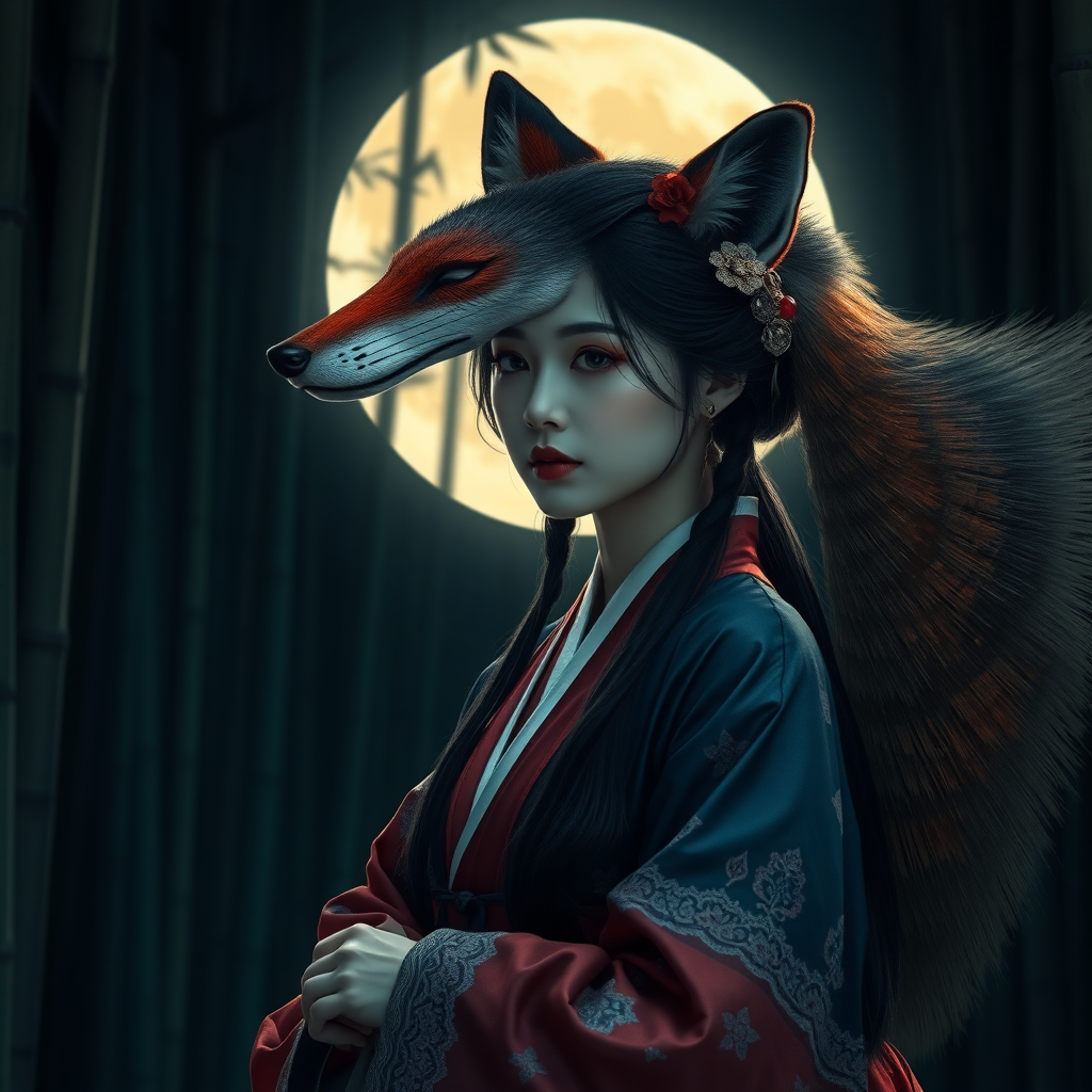 A Korean eerie-looking Woman in an ancient Hanbok transforms into a fox, in front of the full moon in a bamboo forest.