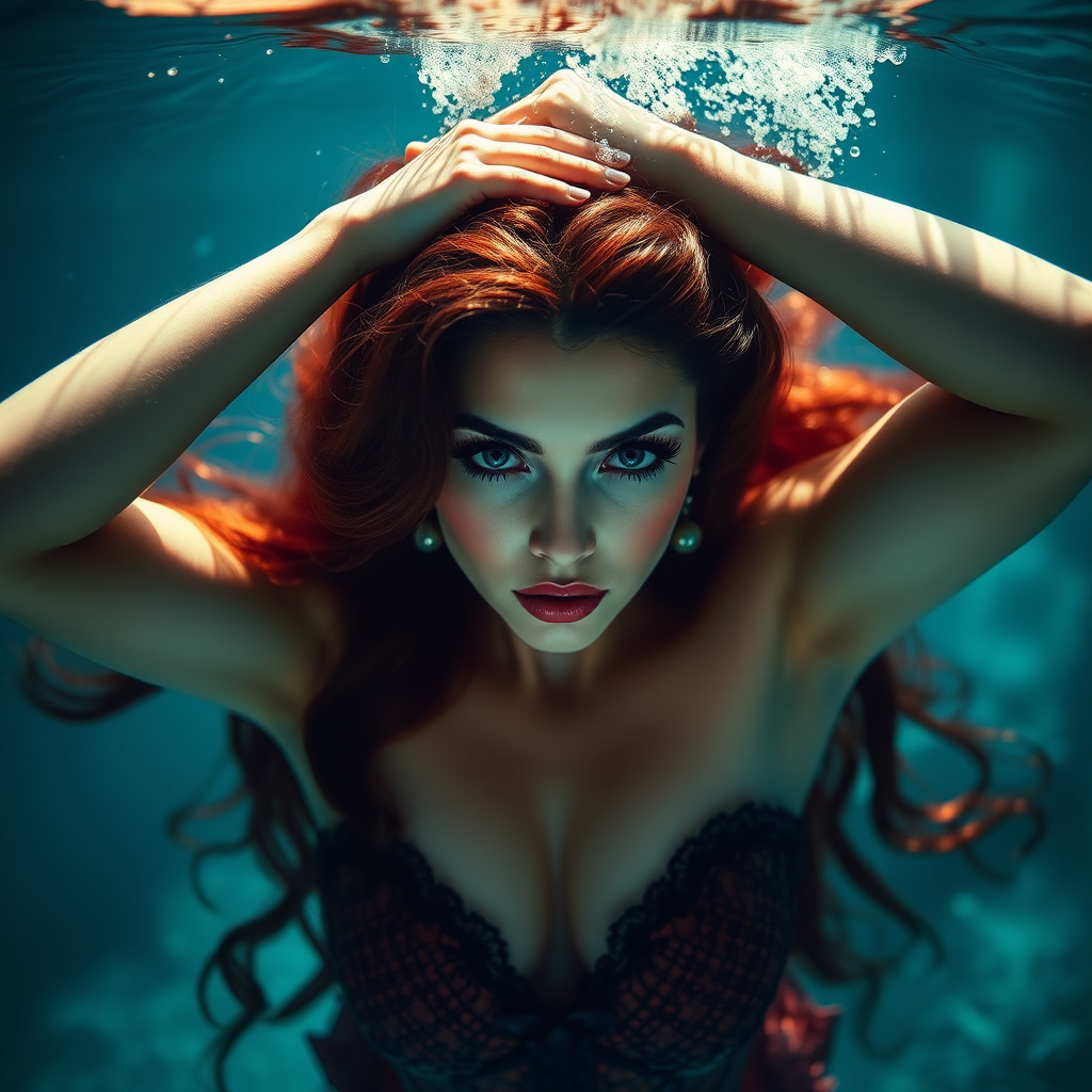 Vampirella as a mermaid underwater hair floating in a nimbus around her beautiful face her arms up over her head and she's looking down into the viewer's eyes making intense eye contact. diaphanous. Real DSLR HD Photography.