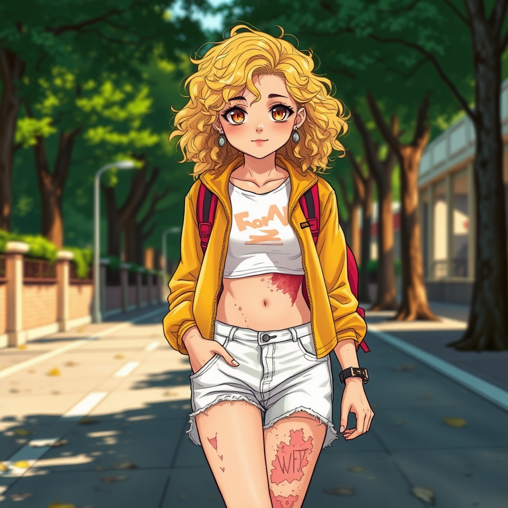 Realistic drawing style image, Extremely good quality 8k resolution drawn manga image of a 15 year old petite and short tomboy girl with golden blonde curly hair with mixed and different colored eyes for each eye and moles on her entire body and is a white American girl, Has on a Gold Jacket over a white extremely short crop top only covering her breasts and nothing more with a design on it, and has on ripped shorts and cool looking sneakers and a deep and big knife cut wound on her stomach from a huge injury she had, with a bright color backpack, ear piercings on, walking on the street to school in the morning with the beautiful sunlight lighting up her body beautifully with no tattoos.