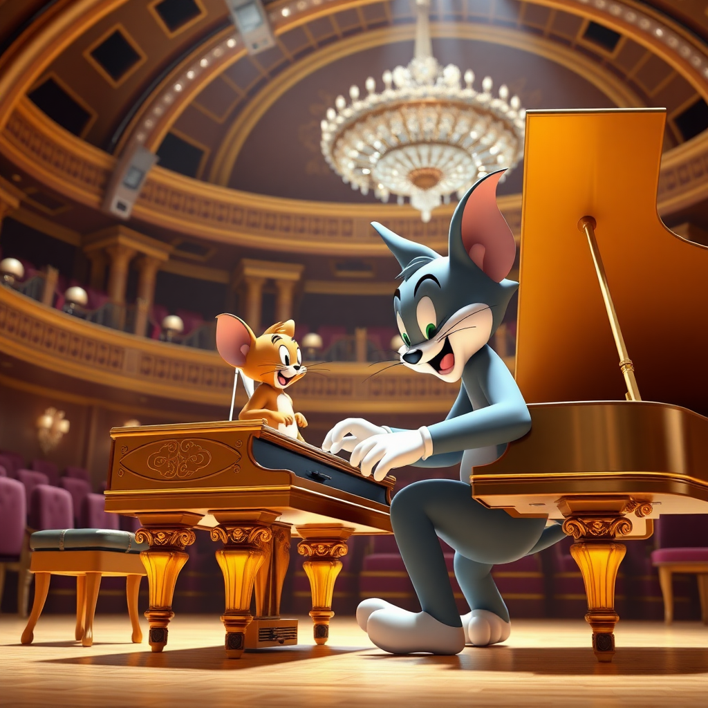 Tom is playing with Jerry (Jerry from Tom and Jerry) a 4 handed music piece on a golden grand piano in a giant concert hall in real 3d.