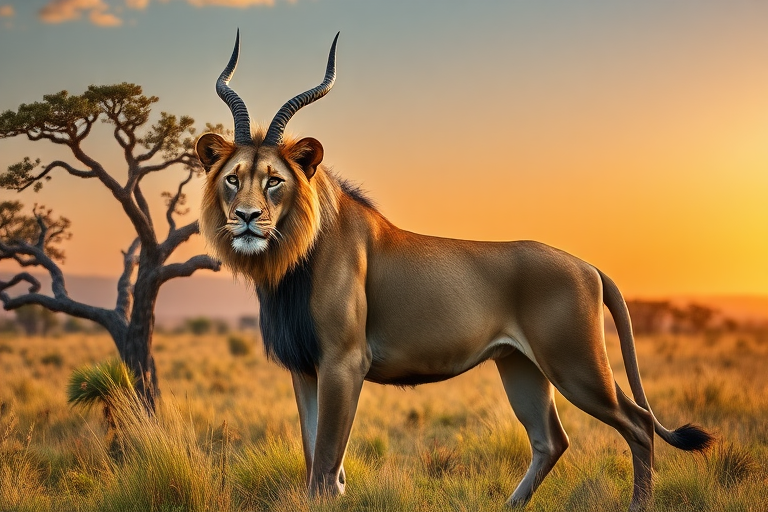 Create a full-length photorealistic image of a lion that embodies the musculature and silhouette of an antelope, while retaining its head and facial features. The creature should maintain its characteristic skin and fur. Design the background to blend elements inspired by both animals, showcasing lush savannah grasslands alongside twisted acacia trees, capturing the essence of each species' habitat harmoniously. Ensure the lighting is natural, depicting the warmth of a golden sunset, enhancing the textures of the fur and landscape, creating a striking and surreal composition.