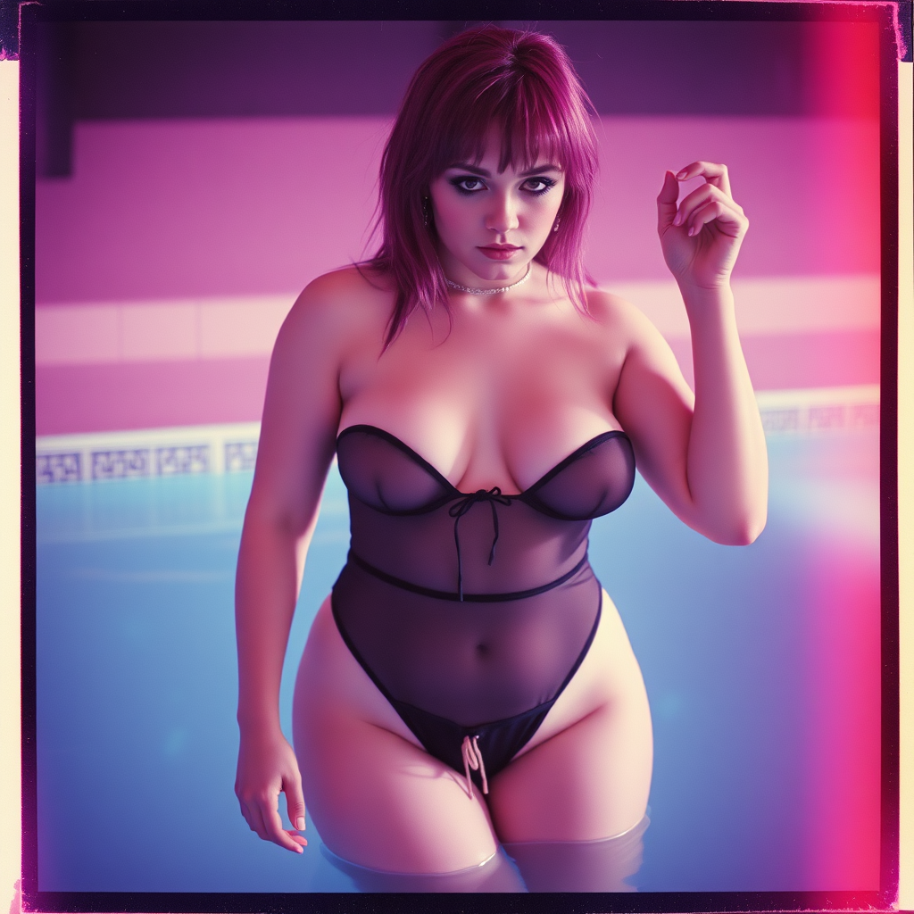 old polaroid photo with heavy vignetting and pink and blue artistic studio lighting color tint and light leak, depicting a sexy curvy thicc pale white alt goth girl with eye makeup, pulling down her tiny revealing black see thru bikini gstring thong, standing in a pool to show a tiny strip of pubic hair sticking out