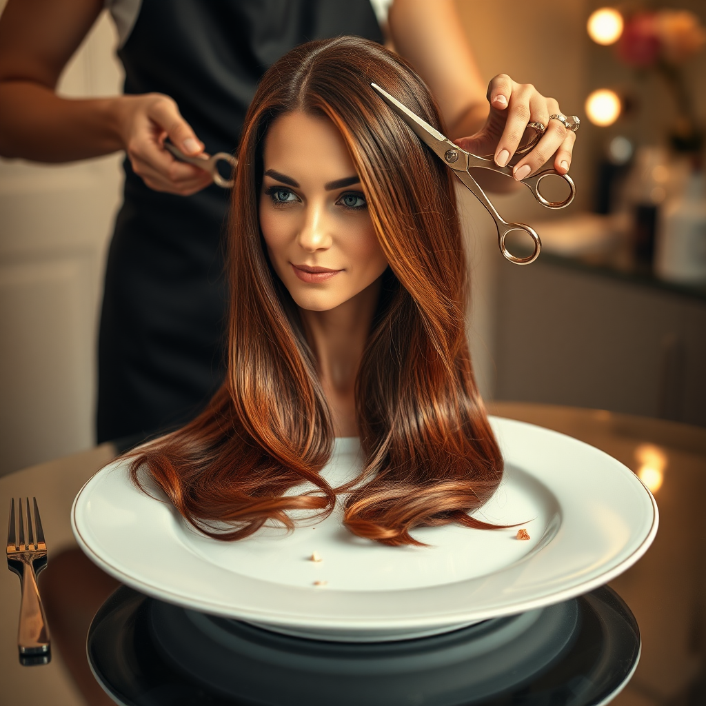 In a bizarre, surreal tableau, the polished surface of an elegant dining plate cradles the disembodied head of a strikingly beautiful Kate Middleton, her long, flowing hair cascading like a glossy waterfall of deep chestnut and honey highlights. The hair is luxuriously arranged, strands shimmering under the soft, ambient light that bathes the scene in an ethereal glow.

A skilled hairdresser, clad in a sleek black apron, stands poised with a pair of gleaming scissors, carefully trimming the endlessly luxurious locks that frame Kate's serene, almost ethereal features. The air is thick with the scent of salon products mingling with delicate hints of floral fragrances, creating an unusual yet strangely inviting atmosphere. The hairdresser's focused expression reveals a meticulous dedication as snippets of hair fall gracefully onto the pristine plate, echoing a sense of both artistry and absurdity.

The overall emotional tone conveys a dreamlike quality, inviting viewers to ponder the juxtaposition of beauty, identity, and the bizarre circumstances that bind them in this extraordinary moment.