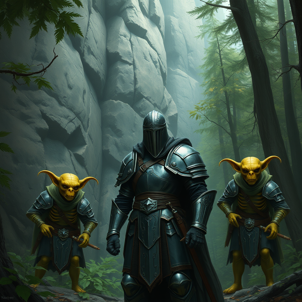 A man in full plate armor with helmet standing in a forest at the bottom of a stone cliff face with two greenish yellow goblin thieves in bone armor