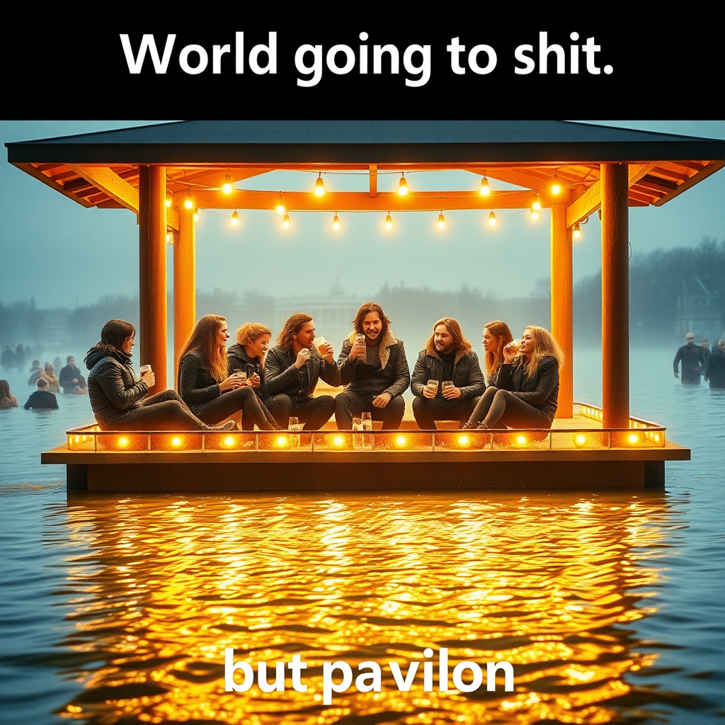 Create an image of a pavilion in a flooded environment and people comically partying on it drinking beer while the world is completely overflooded. Focus on the humorous contrast of the situation. Include the text "World going to shit" at the top and the bottom part should have the text "but pavilion." Make the image the central part of the image with warm glowing colors. Make it so the people's expressions on their faces are visible.

The background scenery should be that of Aarhus, Denmark. The people should mainly have black leather jackets on and long hair.