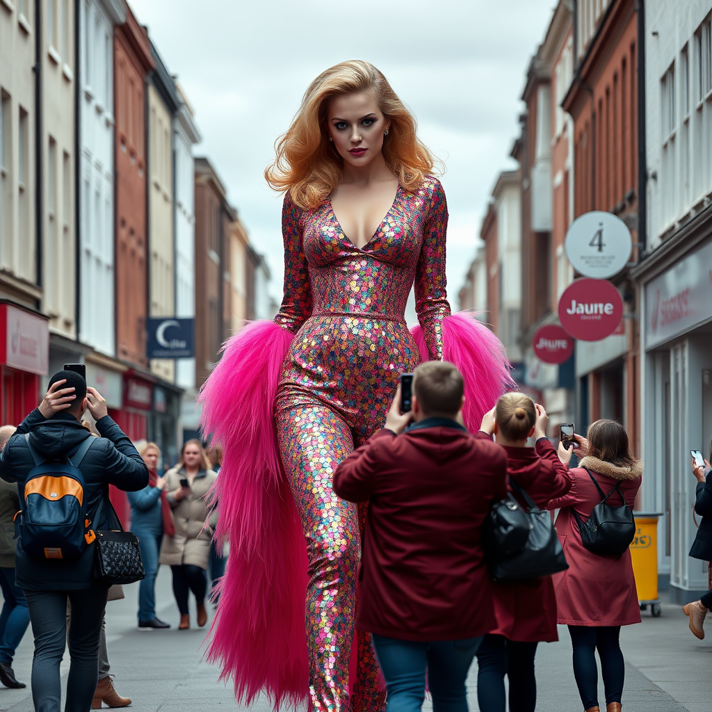 A giant Kylie Minogue lookalike who is about 50 foot tall walking down a dull and dreary high street - she is dressed in colorful glamorous stage clothes - everyone else is in dull colored clothes and taking photos using their mobile phones - she is looking down at the little people with disdain.