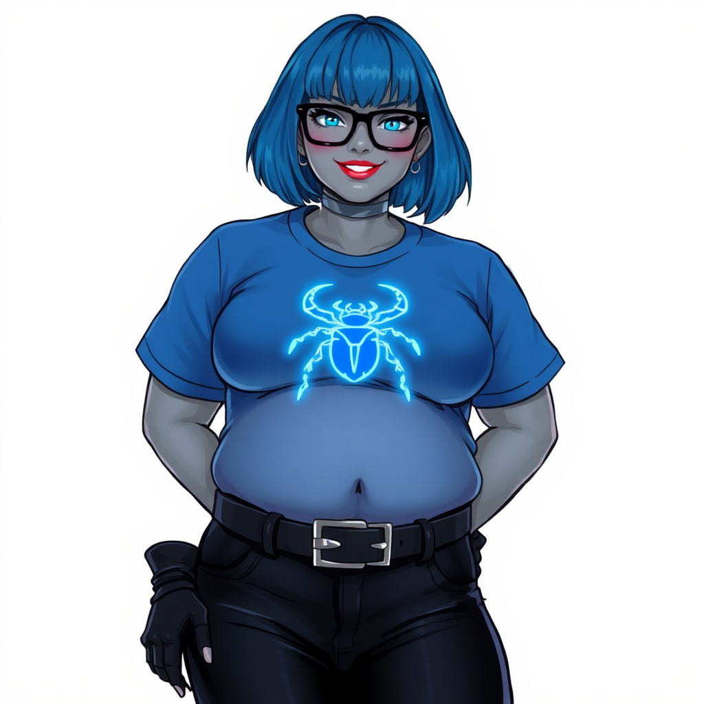 A 28-year-old, full-figured, metallic middle gray skinned computer program hybrid with a maximum blue bob cut. She has a non-athletic build, highlighted by a prominent, round, large midsection (with emphasis on her belly). As a digital sidekick, computer hacker, and nerdy girlfriend to her cyberpunk vigilante boyfriend, her middle gray metallic skin and maximum blue lipstick emphasize her digital nature. She wears a tight-fitting, maximum blue t-shirt (accentuating her large belly) with a neon blue glowing chest icon of a beetle, black pants, a black belt with a sapphire scarab buckle, and black gloves. Her bright blue eyes, black eyeglasses, and lovestruck smile with neon red blush accentuate her nerdiness. She stands bashfully with her hands behind her back, her t-shirt covering her midsection (especially her large belly) and emphasizing her full-figured, non-athletic physique. She is on a solid white background. She is drawn as if she was in a retro 2D cyberpunk fighting game. She is clearly non-athletic, with a focus on her full-figured physique. Ensure her t-shirt covers her midsection (especially her large belly).