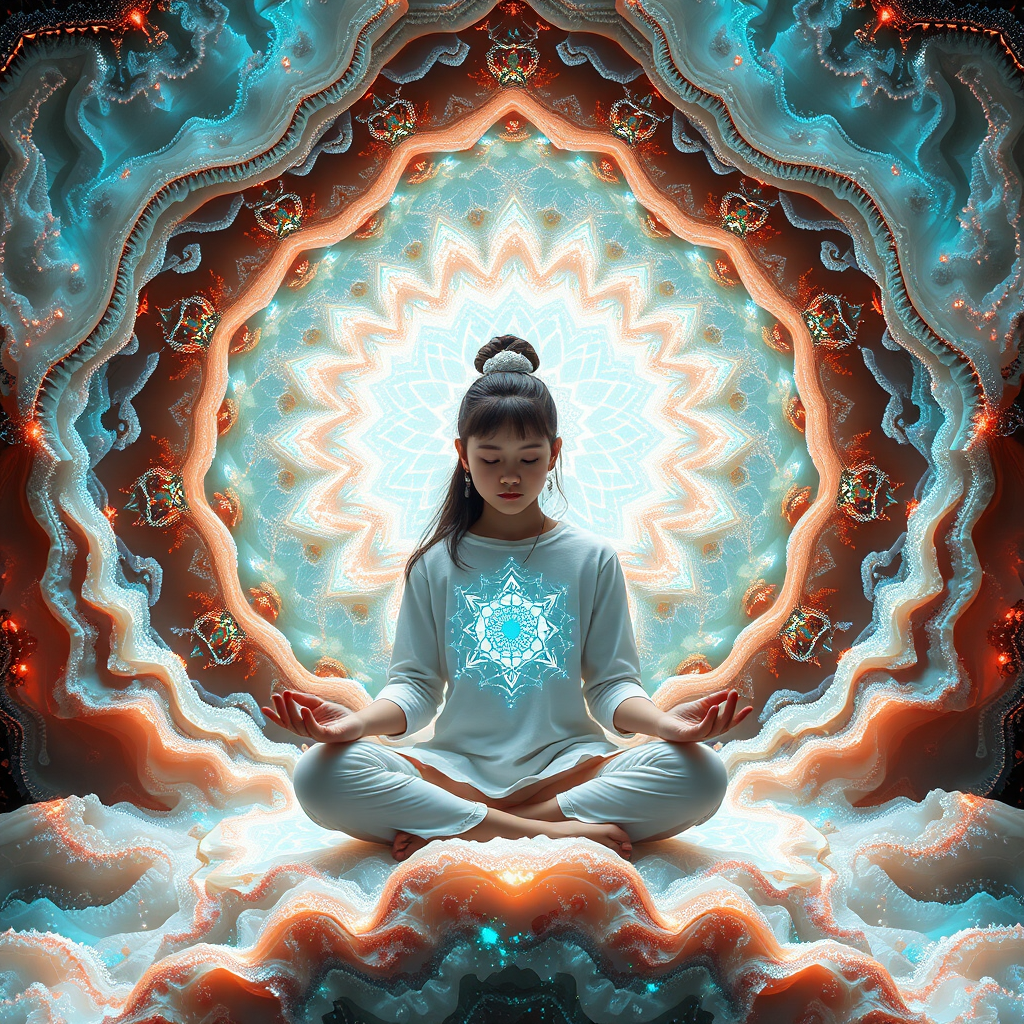 young girl doing zazen, sacred geometry, mandelbulb fractal landscape, ultra-detailed, dynamic composition, artistic photograph, geode, alabaster, fractal, brilliant colors, glittering, illumination, transparency, translucent, opal, romanticism, minimalist poster, frontal, centered, sharp focus