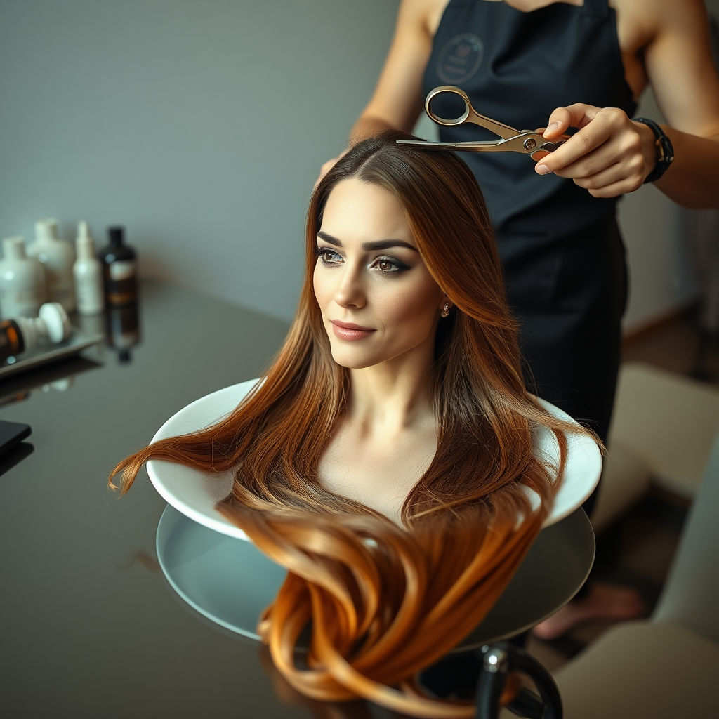 In a bizarre, surreal tableau, the polished surface of an elegant dining plate cradles the disembodied head of a strikingly beautiful Kate Middleton, her long, flowing hair cascading like a glossy waterfall of deep chestnut and honey highlights. The hair is luxuriously arranged, strands shimmering under the soft, ambient light that bathes the scene in an ethereal glow.

A skilled hairdresser, clad in a sleek black apron, stands poised with a pair of gleaming scissors, carefully trimming the endlessly luxurious locks that frame Kate's serene, almost ethereal features. The air is thick with the scent of salon products mingling with delicate hints of floral fragrances, creating an unusual yet strangely inviting atmosphere. The hairdresser's focused expression reveals a meticulous dedication as snippets of hair fall gracefully onto the pristine plate, echoing a sense of both artistry and absurdity.

The overall emotional tone conveys a dreamlike quality, inviting viewers to ponder the juxtaposition of beauty, identity, and the bizarre circumstances that bind them in this extraordinary moment.