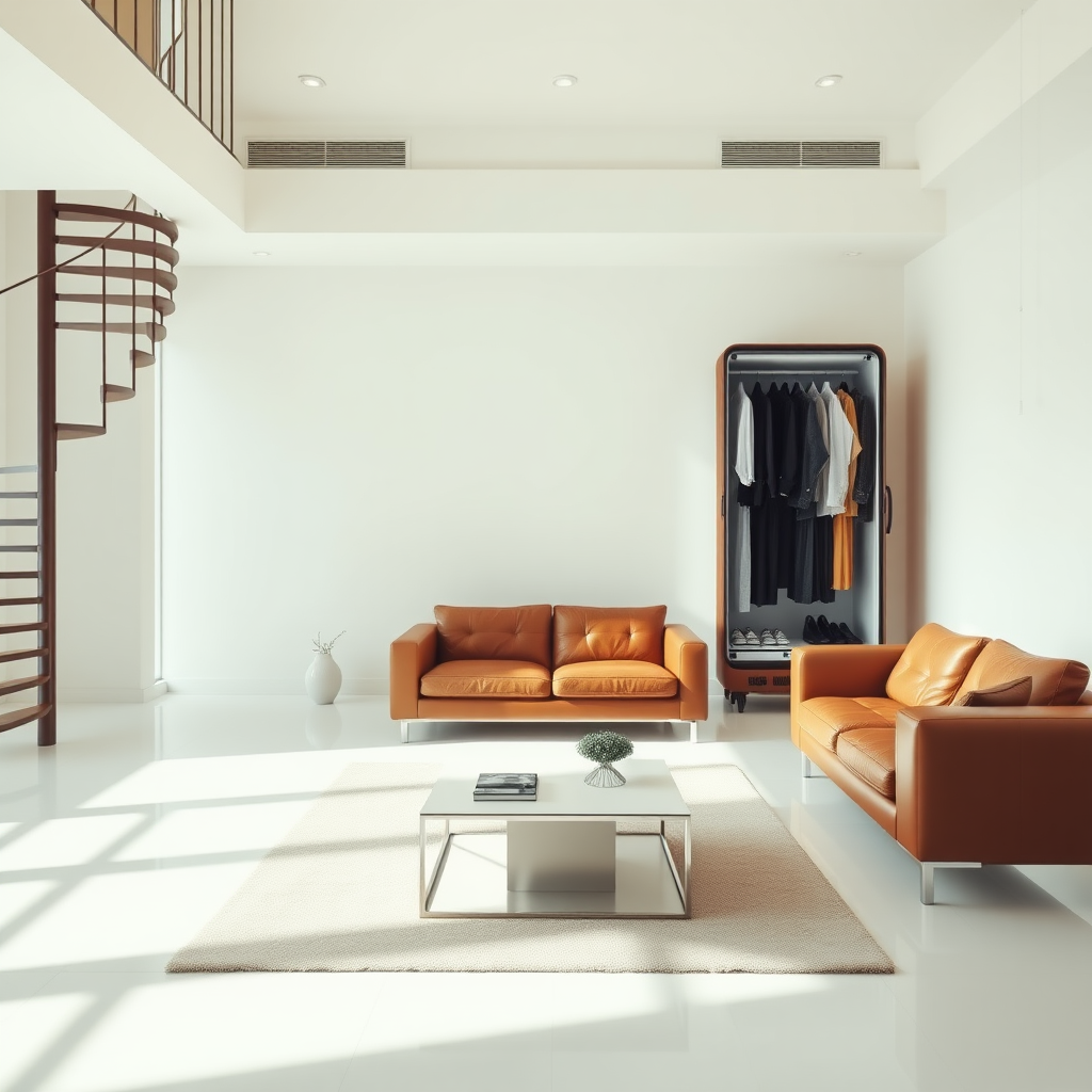 Commercial shooting, surrealistic indoor landscape, generate a bag photography image, the scene is a spacious duplex apartment living room, the overall tone is warm white, in the middle of the living room is a genuine leather sofa and coffee table, on the left side of the living room is a spiral staircase, the sofa is placed in the middle of the living room, facing a blank wall in the distance where a suitcase is standing open, the suitcase is super large like a wardrobe and is wide open, neatly arranged inside are various clothes and pants, tags: 8k, realism.