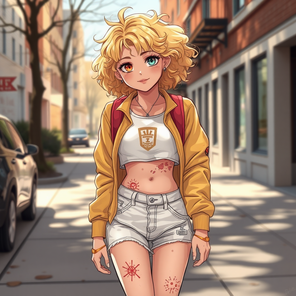 Realistic drawing style image, Extremely good quality 8k resolution drawn manga image of a 15 year old petite and short tomboy girl with golden blonde curly hair with mixed and different colored eyes for each eye and moles on her entire body and is a white American girl, Has on a Gold Jacket over a white extremely short crop top only covering her breasts and nothing more with a design on it, and has on ripped shorts and cool looking sneakers and a deep and big knife cut wound on her stomach from a huge injury she had, with a bright color backpack, ear piercings on, walking on the street to school in the morning with the beautiful sunlight lighting up her body beautifully with no tattoos.