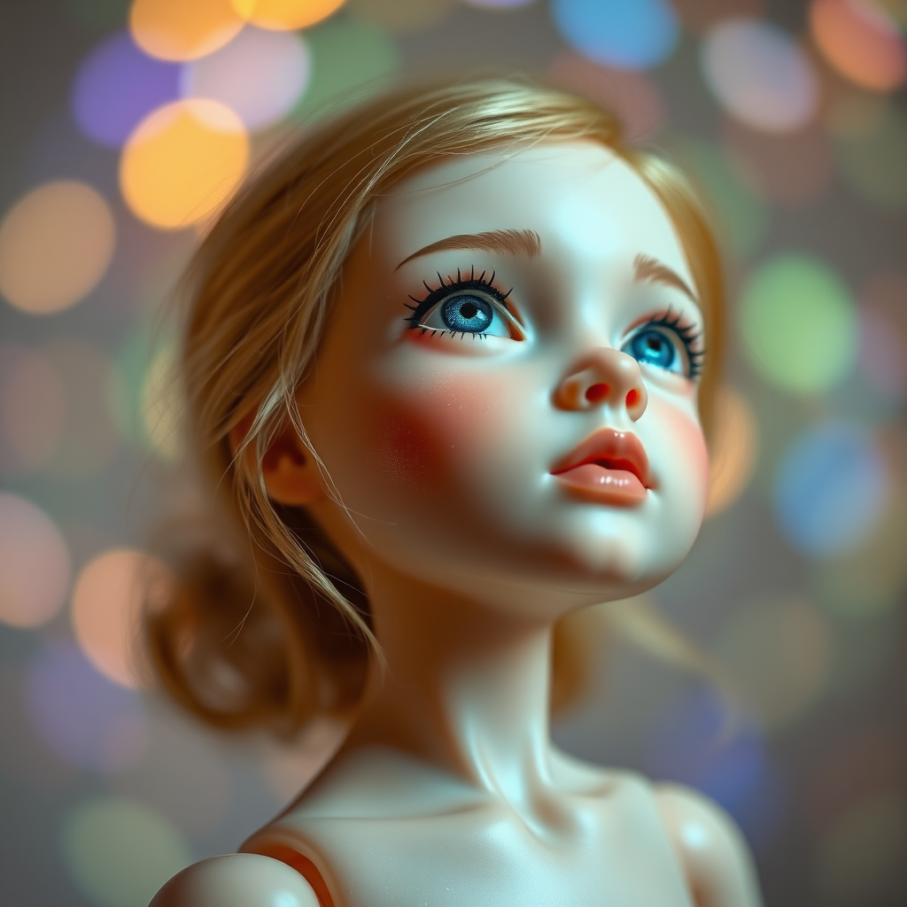 preteen artists doll, cute, beautiful, bisque porcelain doll, bjd, collectors doll, looking up dreaming, Bokeh, abstract, brilliant colors, glittering, translucent, mother of pearl, opal, iridescent, natural skin, glowing, artistic photo, wide angle, full body