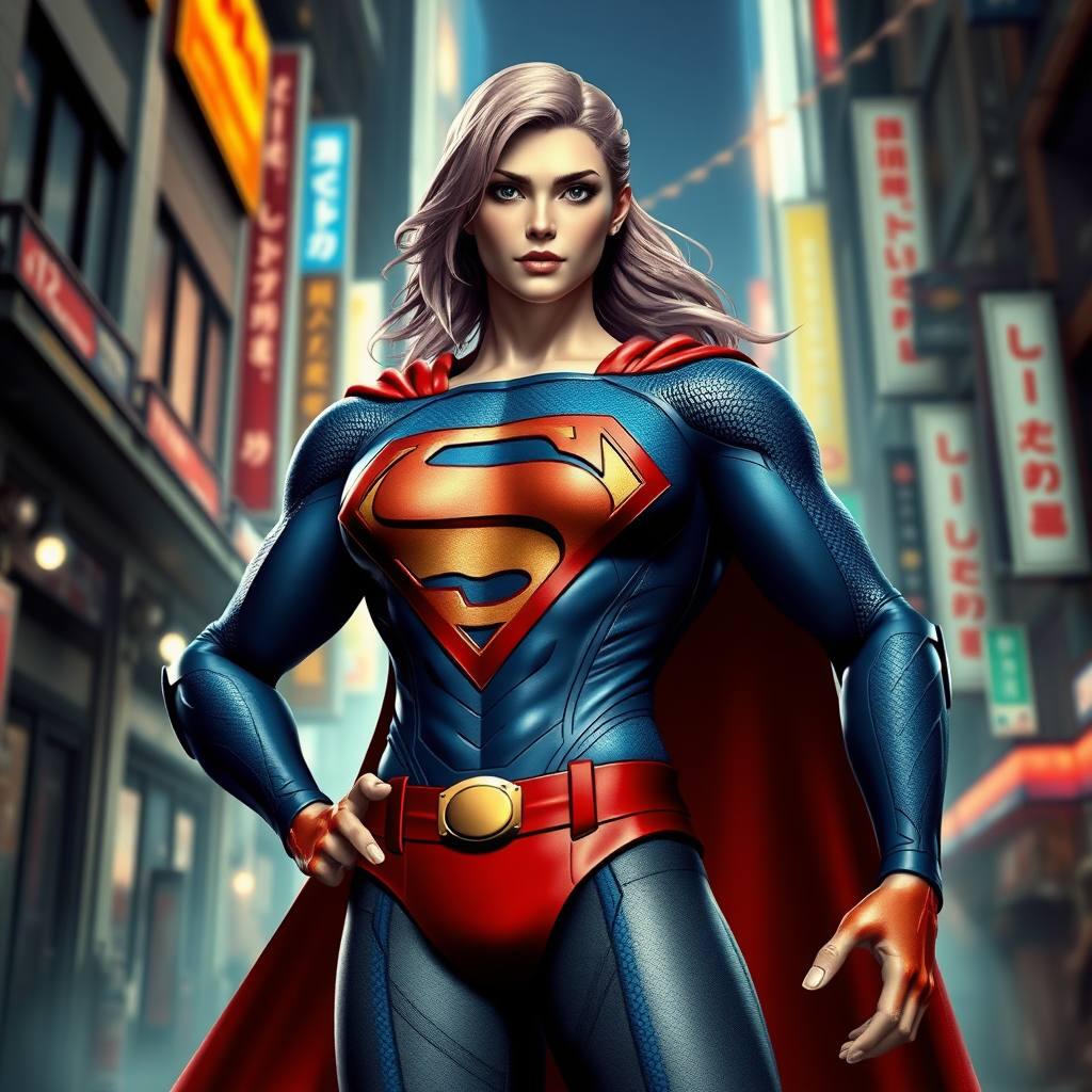 Create a full-length photorealistic render of Superman, maintaining his head but featuring the female figure of Marie Rose from DOA. Modify his iconic costume to fit this new form, incorporating elements of both characters' styles. Set the scene in a dynamic urban background that draws inspiration from both Superman’s Metropolis and Marie Rose’s stylish, energetic environment, blending urban architecture with hints of Japanese aesthetics.